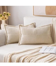 Corduroy Pillow Covers with Splicing Set of 2 Super Soft Boho Striped Pillow ...