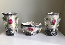 Set of 3 Vintage Farmhouse Lusterware Iridescent Ceramic Vases w/Floral, Grapes