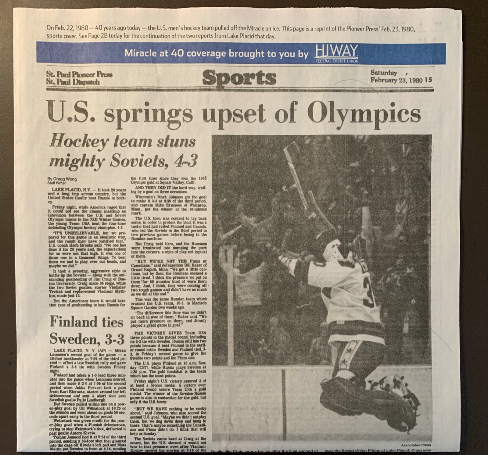 "Miracle on Ice" 2/23/1980 St Paul Newspaper section USA 4, USSR 3