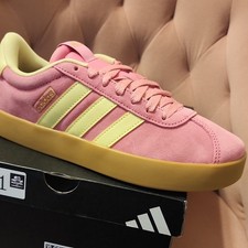adidas VL Court 3.0 Pink Yellow Women's Low Top Lace-Up Suede Sneakers