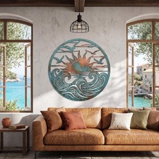 Coastal Ocean Waves Metal Sign, Sunburst Beach House Wall Art, Nautical Outdoor