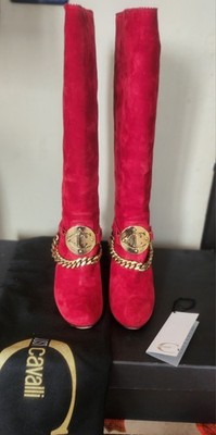 Vintage Rare Roberto Cavalli Just Red Suede High Boots Sexy Heel