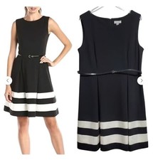 CALVIN KLEIN WOMENS BLACk/WHITE FIT AND FLARE ZIP CLOSW KNEE LENGHT DRESS SIZE 8