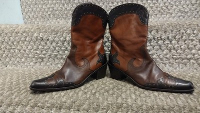 STUART WEITZMAN Cowboy Boots Studded Leather Tri-Toned Brown, Women s Size 7