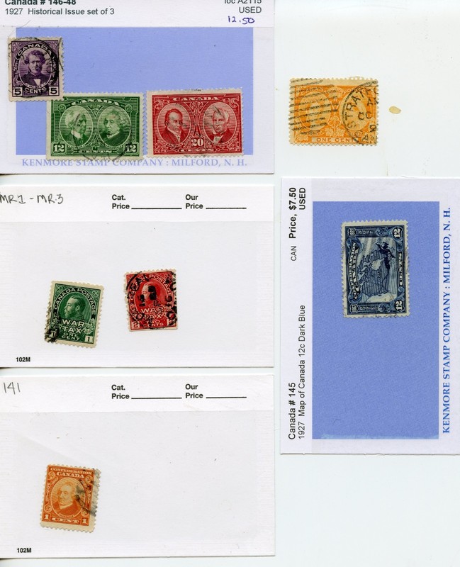 Small assortment of 8 used Canada stamps. Scott #'s: 51, 141, 145-148 & MR1, MR2