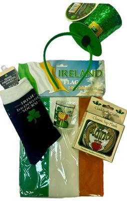 St Patrick's Day Party Pack (L) Stirnband, Flagge, Socken, Flachmann, Schnapsglas