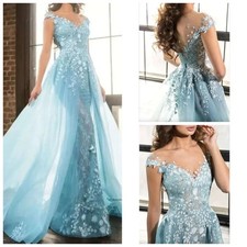 Light Blue Prom Dress Strapless Backless Tiered Tulle Formal Evening Party Gowns