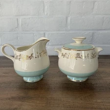 VTG Homer Laughlin Gold Crown Creamer & Sugar Turquoise USA 50s Lifetime Co Aqua