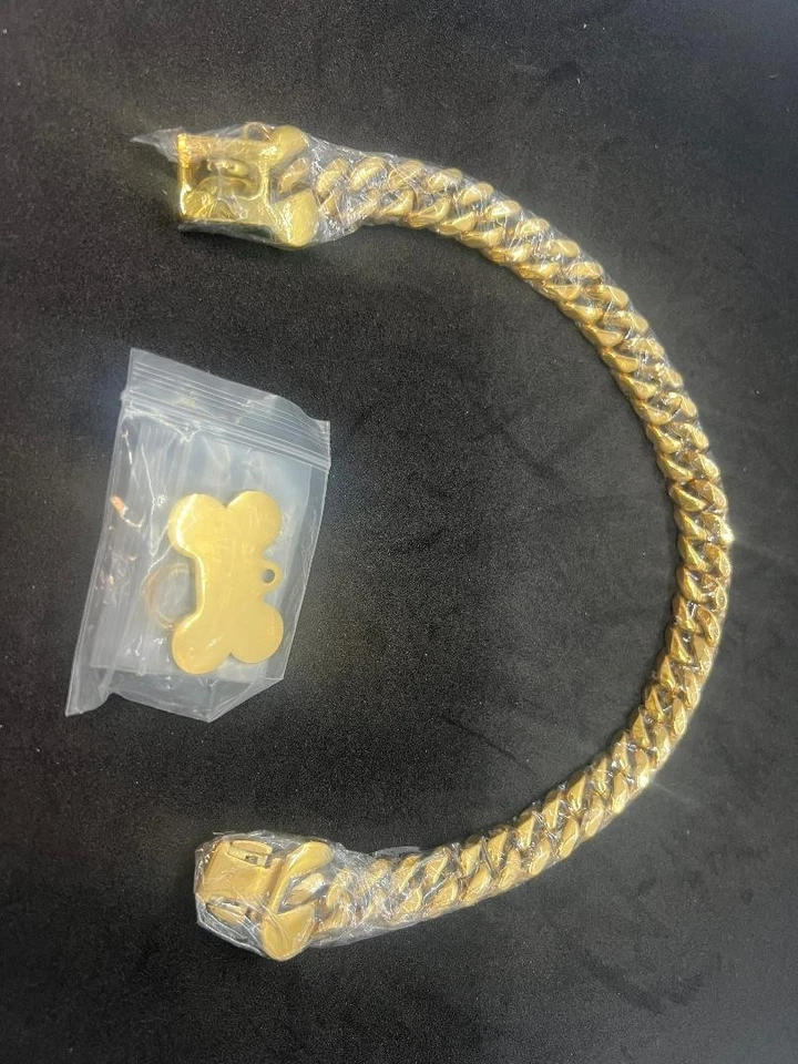 Collar de acero inoxidable para perro mascota chapado en oro eslabón cubano colgante de hueso 16" Foto 4 de 4