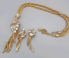 Vintage HOBE Gold Tassel Chandelier Necklace Earrings Set Marquise Rhinestones — photo 10