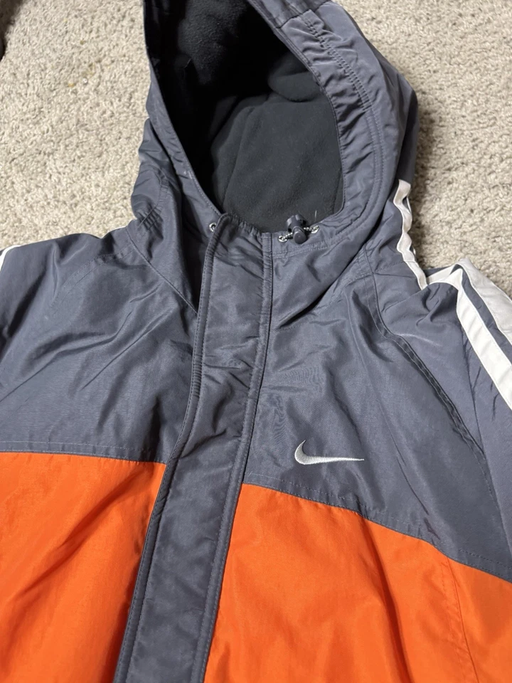 Nike Jacket Mens Large Orange Gray Hooded Full Zip Large Parka Stripe Swoosh - Image 3 of 4