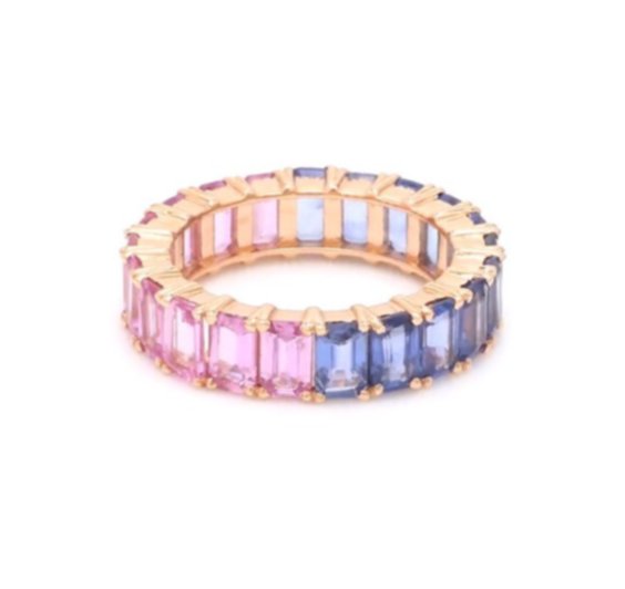 Octagon Cut Blue, pink Sapphire Full Eternity Ring, Solid 14KYellow Gold Jewelry