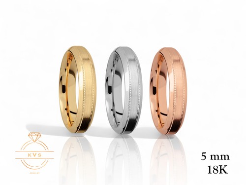 18K White Gold 5mm Milgrain Beveled Wedding Band Ring Comfort Fit Matte Brushed - Picture 2 of 10
