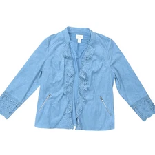 Chico's Blue Polyester Faux Suede Open Blazer Size 2 Long Sleeve Pockets Solid