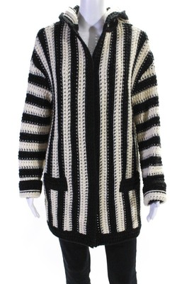 Saint Laurent Womens White Black Striped Wool Hooded Cardigan Sweater Top Size S