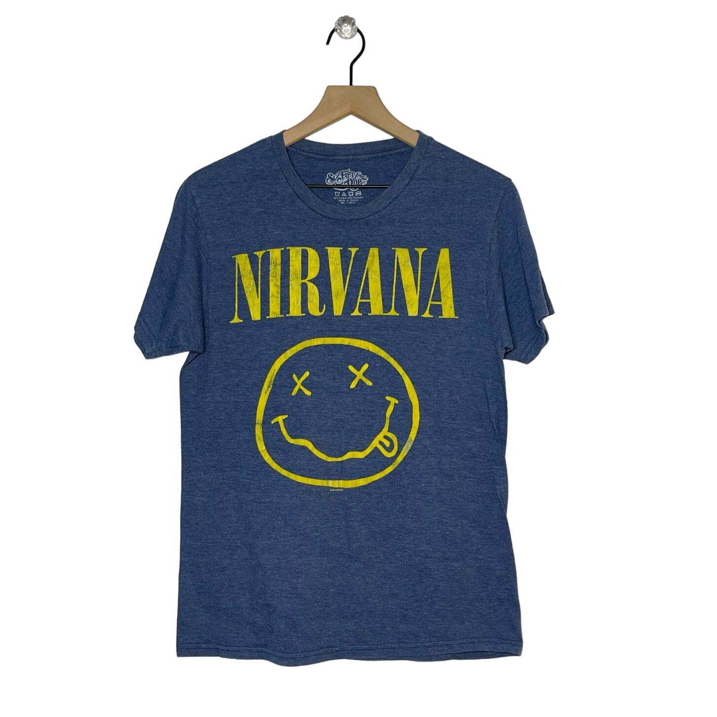 Nirvana Nevermind Smiley Face Band T-Shirt Size Small Grudge Blue Short Sleeve