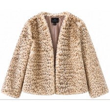 Worthington Women's Leopard Faux Fur Jacket Tan Brown Animal Print Open Front M