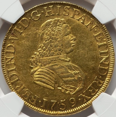 Peru: Ferdinand VI Gold 8 Escudos 1759 LM-JM NGC AU-58 Lima mint. Lustrous!