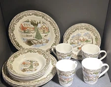 Christmas Toile 16Piece Holiday Assorted Porcelain Dinnerware Set(Service for4)
