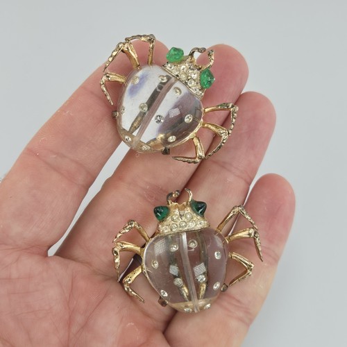 Paar Vintage Coro Sterling Gelee Bauch Käfer Insekt Fell Clip Pins Strass Katz