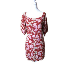 Flynn Skye Women's Small Red Floral Maiden Mini Dress Puff Sleeve Rayon Feminine
