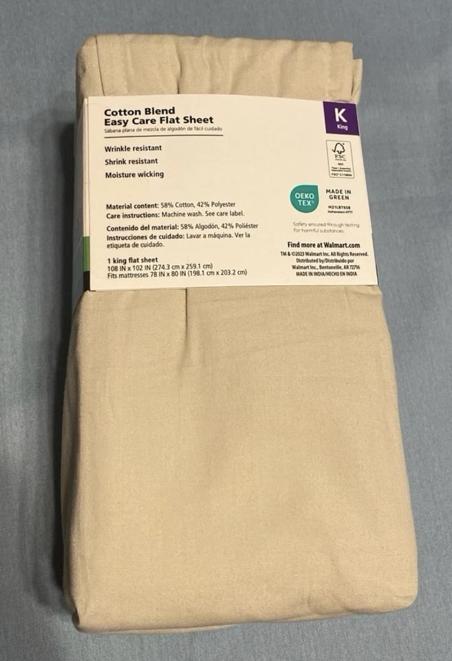 Mainstays 300 TC Cotton Blend Flat Sheet King Size in Papyrus Beige, New - Image 3 of 4