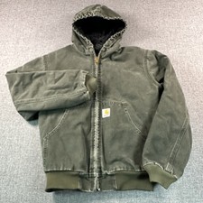 Carhartt Hooded Full Zip Jacket Canvas Green Size M Youth Quilt Lined
