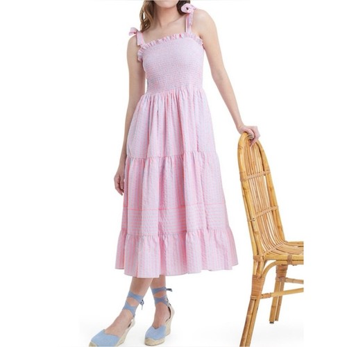 Draper James Taylor Dress in Seersucker Stripe Smocked Bodice Pink Blue Size XS