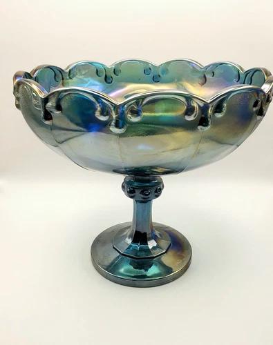 Vtg Indiana Glass Garland Teardrop Blue Carnival Iridescent Glass Compote Bowl