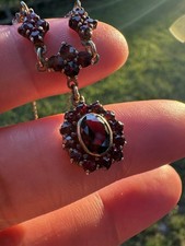 Antique Victorian Oval Rosette Garnet  Gold Filled Pendant Necklace