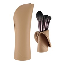Brown Silicone Travel Makeup Brush Holder Case Portable Cosmetic Zipper