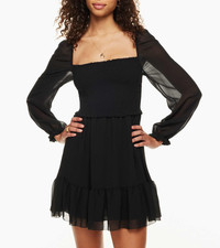 WILFRED ARITZIA Black Tempest Smocked Chiffon Long Sleeve Mini Dress S $158