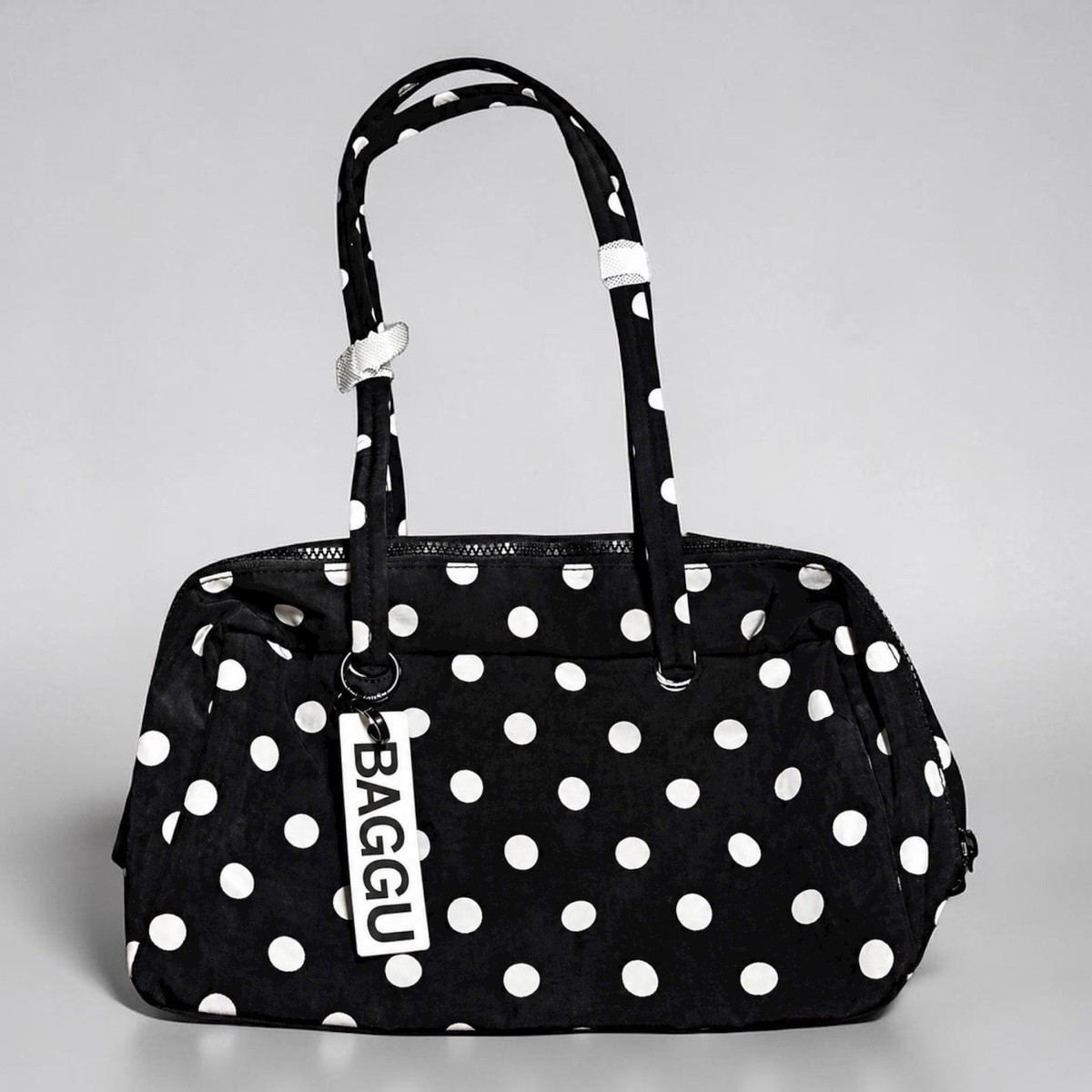 Baggu Regular Nylon Bowler Bag Black with White Polka Dot IN HAND