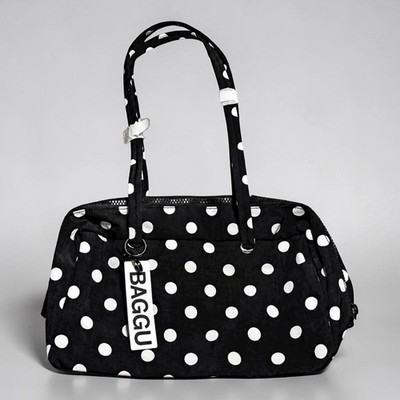 Baggu Regular Nylon Bowler Bag Black with White Polka Dot IN HAND New