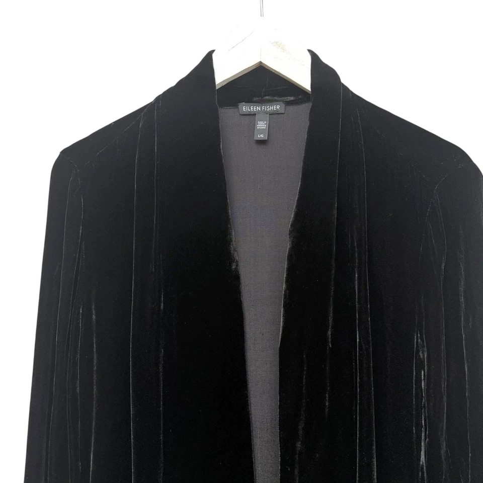 Chaqueta de Terciopelo Negra EILEEN FISHER Grande Frente Abierto Drapeada Noche Top Bolsillos Foto 2 de 4