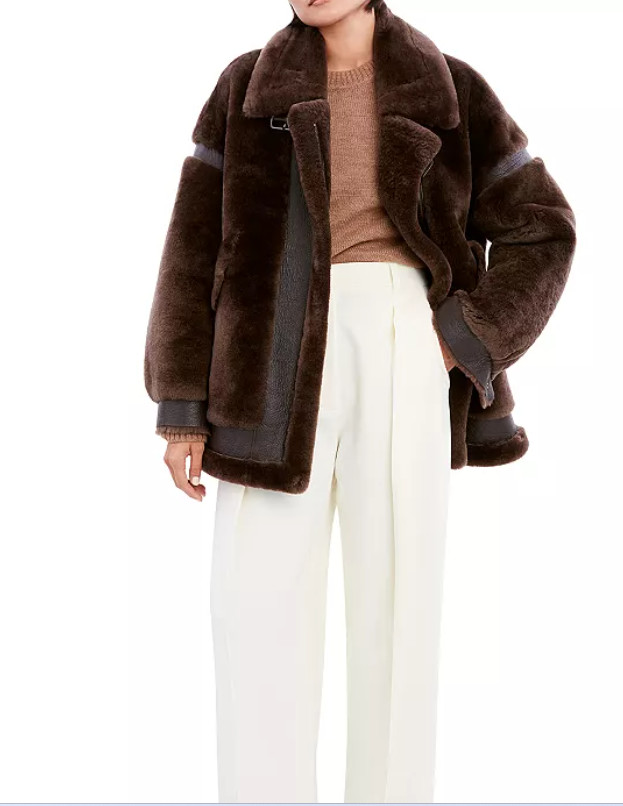 $1,495.00 Dawn Levy Sean Genuine Shearling & Leather Coat Chocolate Size L ~NWT image 4