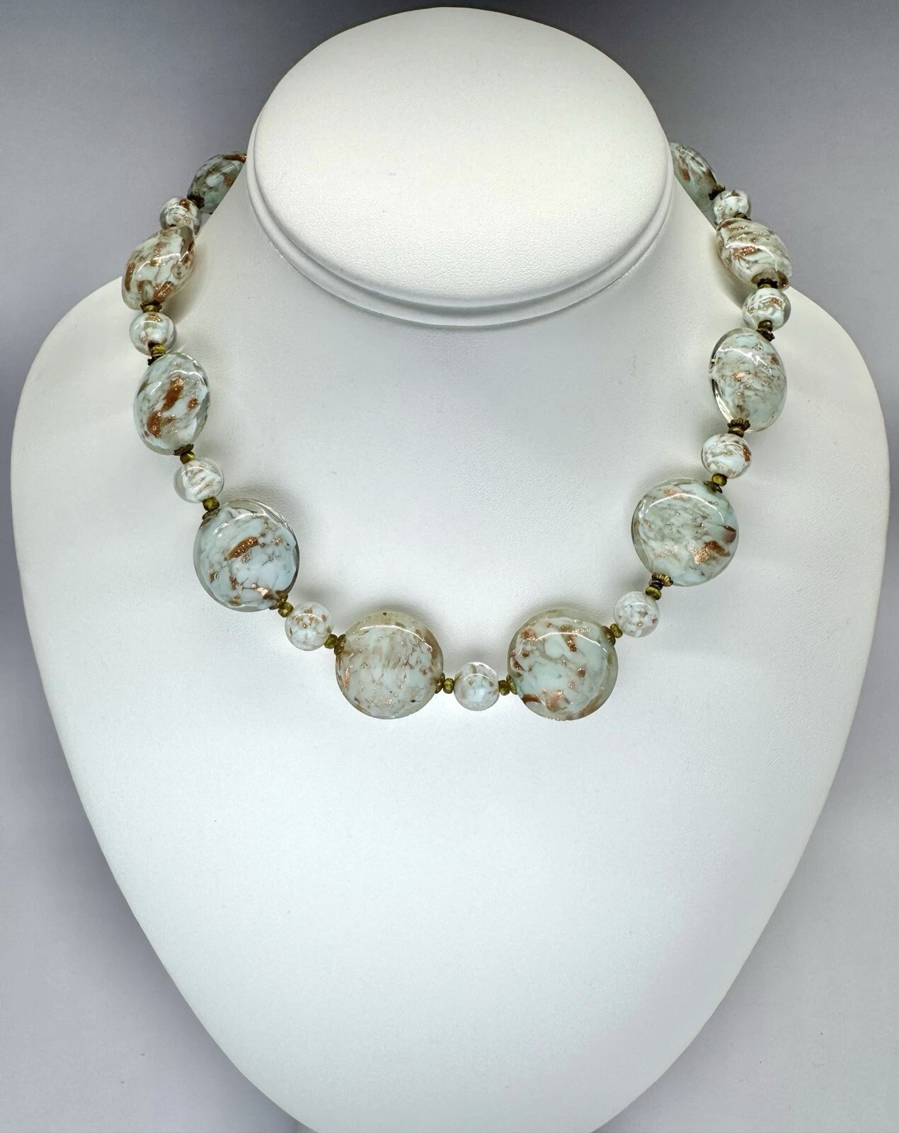Italian Murano Aqua & Gold Millefiori Glass Bead Vintage Necklace Jewelry N79