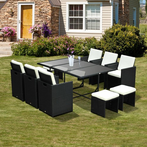 11 Piece Outdoor Rattan Dining Furniture Set Patio Table and Chairs with Cushion - Picture 2 of 17