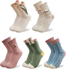 Floral Crew Socks 5Pair Flower Graphic Soft Cotton Medium, 01