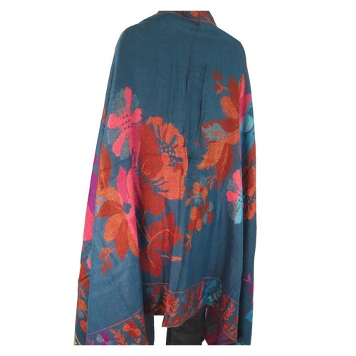 Yak + Sheep Wool | Shawl/Throw| Handloomed| Reversal| Flora| Base Color: Teal - 第 3/5 張圖片