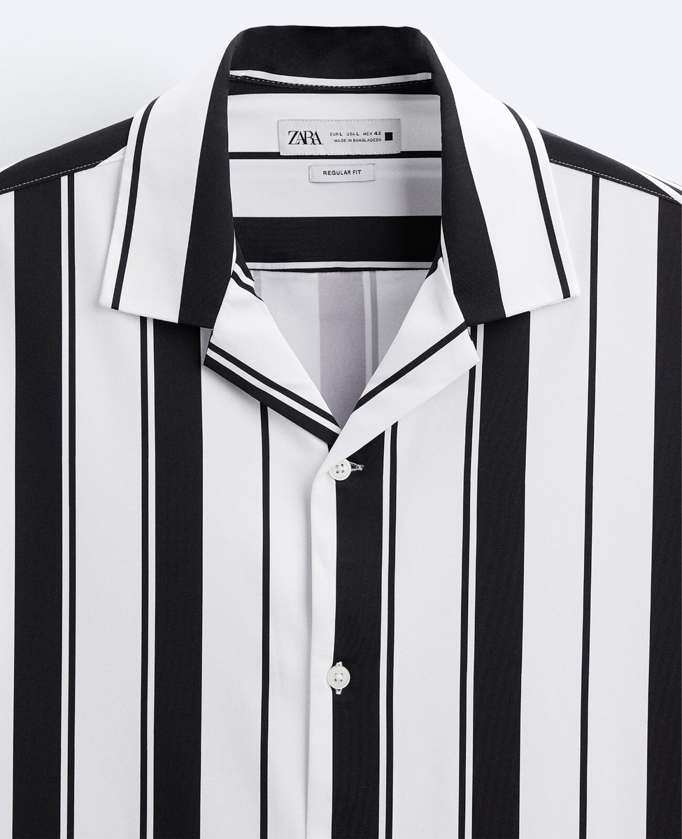 【SATIIIZ】Eldon Shoulder Button Stripe T-Shirt ZARA 'Stripe Print Stretch SS Shirt' Men's Button-Front S