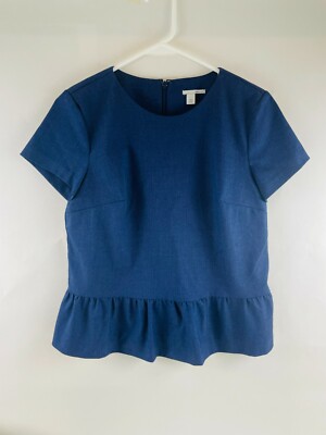 Halogen Blouse Women's Size S Navy Blue Chambray Ruffled Hem Bottom Short Sleeve