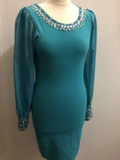 AX Paris Ladies Green Bodycon Dress Size 10 Embellished Sheer Long Sleeves NWT