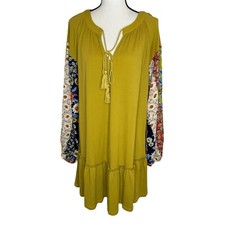 UMGEE Shift Dress Mustard Yellow V-Neck Bohemian Balloon Sleeves Casual Sz Small