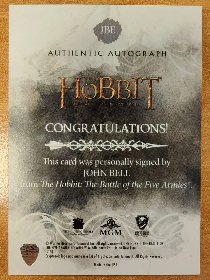 The Hobbit The Battle of the Five Army - John Bell 饰演 Bain Son of Bard 签名 JBE — 第 2/2 张图片