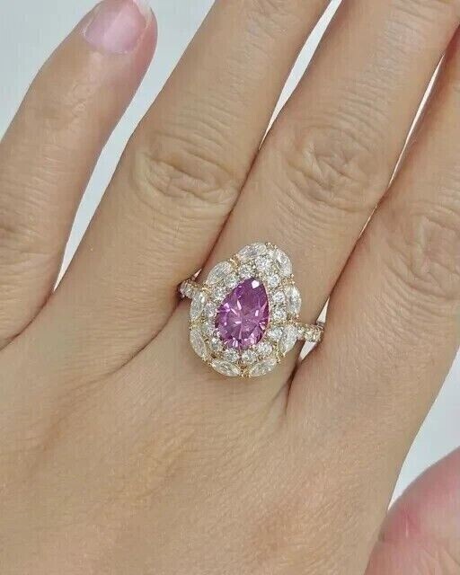 2Ct Pear Cut Simulated Pink Sapphire Halo Engagement Ring