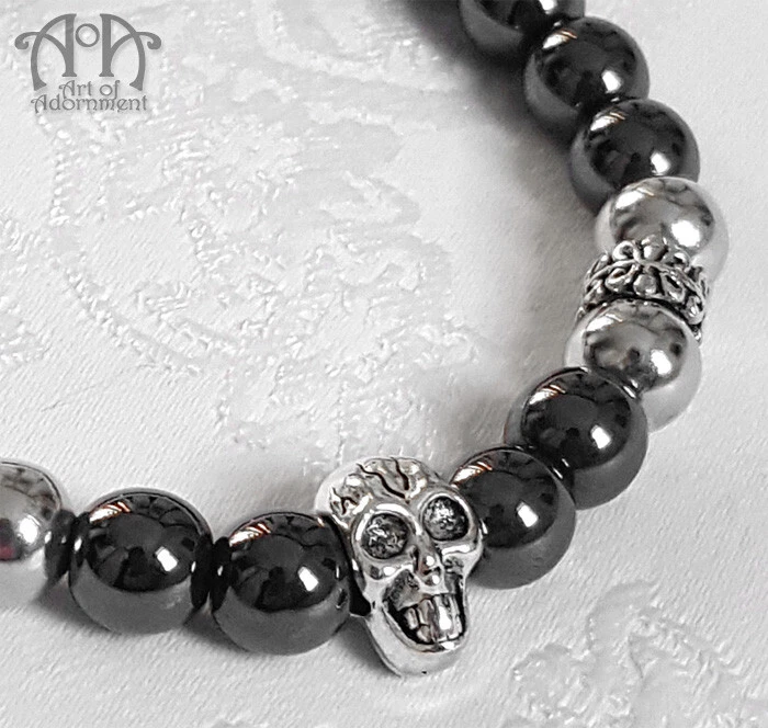 Pulsera elástica gótica punk para hombre CALAVERA DE PIEDRAS PRECIOSAS DE HEMATITA con cuentas plata antigua Foto 2 de 3