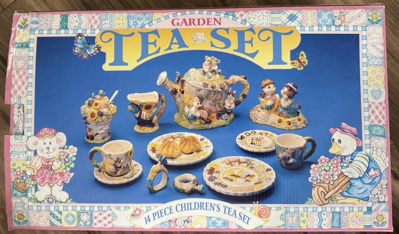 Vintage 14 Piece Children's Hand Painted Garden Tea Set