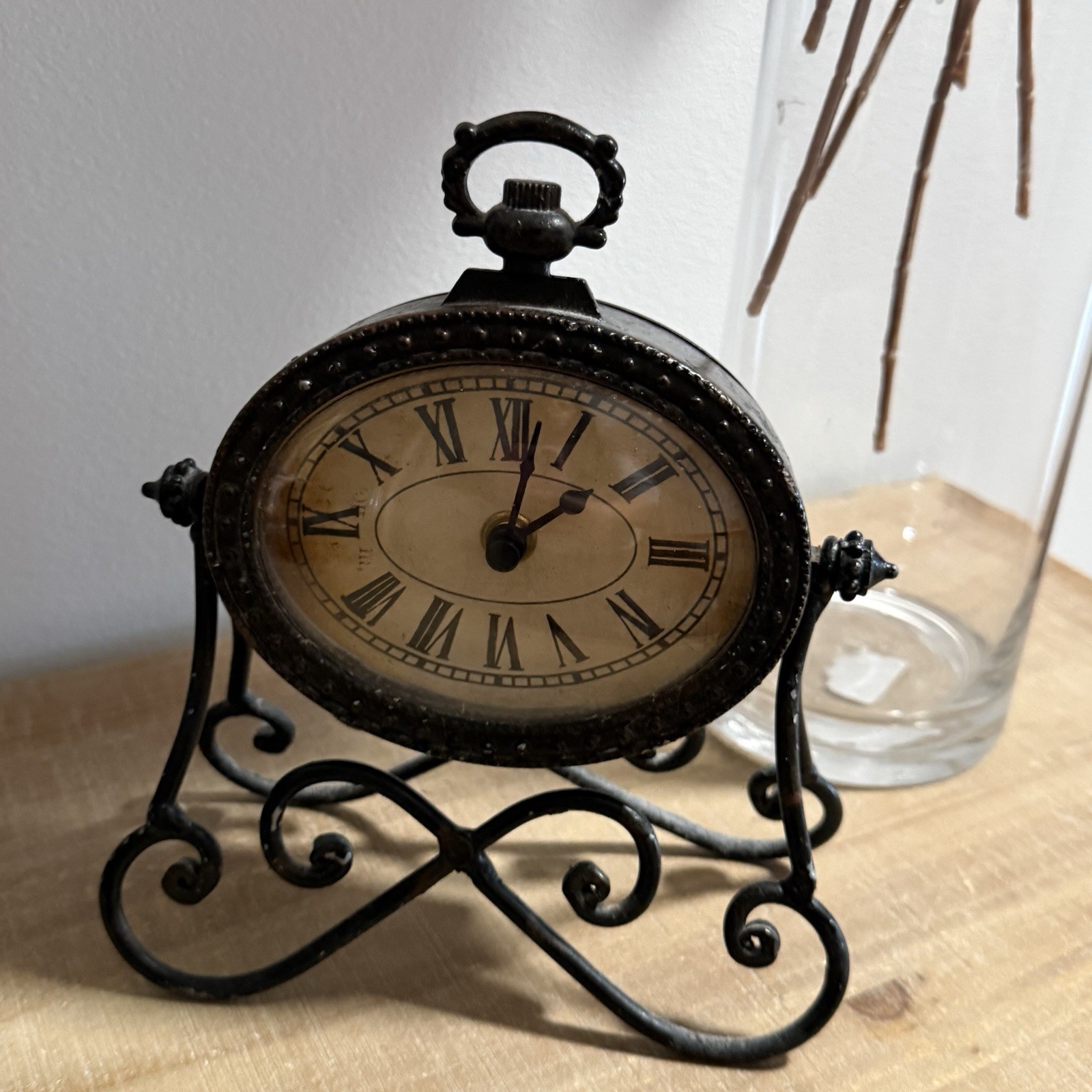 Antique style Iron Scroll Mantel clock- Vintage Oval Desk Clock W/ Roman Numbers
