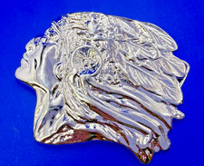 Native American Indian Chief Head with Headdress Silver Tone Vintage Belt Buckle